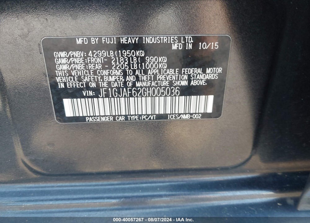2016 SUBARU IMPREZA VIN: JF1GJAF62GH005036