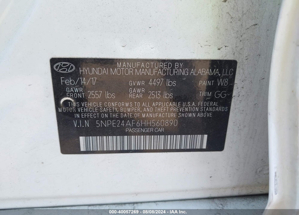 2017 HYUNDAI SONATA VIN: 5NPE24AF6HH560890