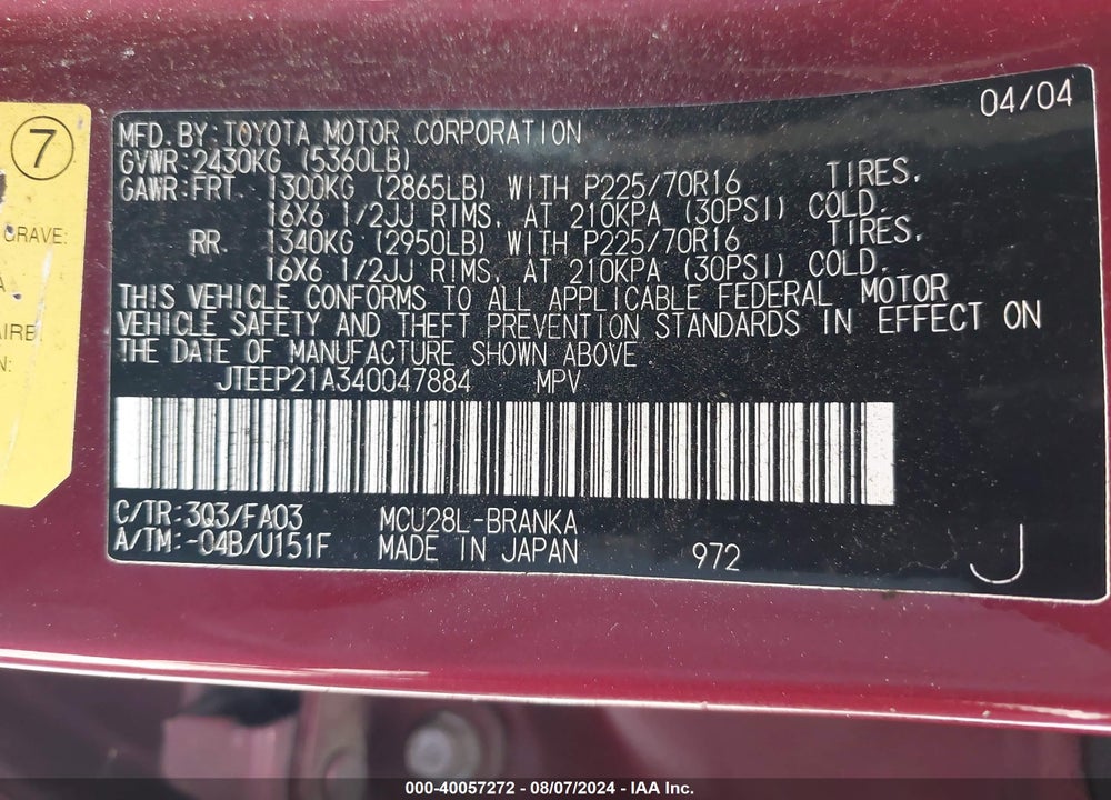 2004 TOYOTA HIGHLANDER V6 VIN: JTEEP21A340047884