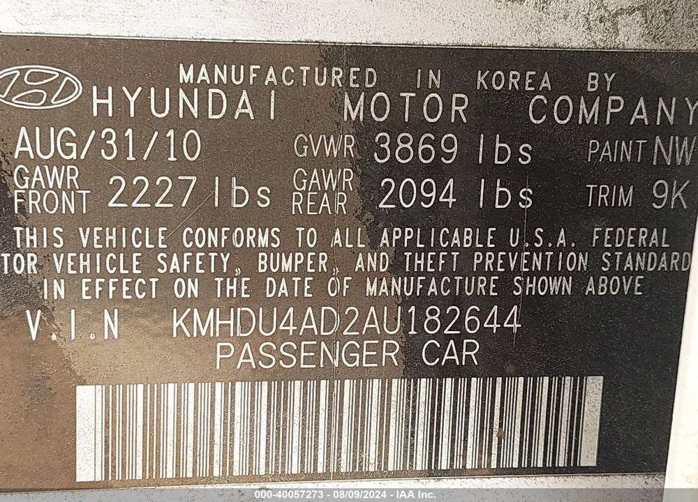 2010 HYUNDAI ELANTRA GLS VIN: KMHDU4AD2AU182644
