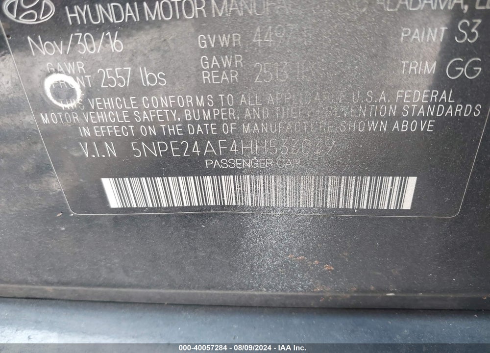2017 HYUNDAI SONATA VIN: 5NPE24AF4HH533039