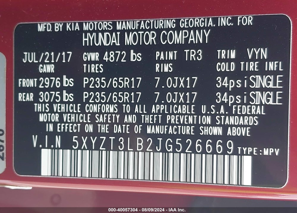 2018 HYUNDAI SANTA FE SPORT 2.4L VIN: 5XYZT3LB2JG526669