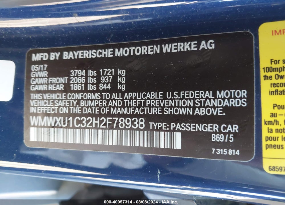 2017 MINI HARDTOP COOPER VIN: WMWXU1C32H2F78938