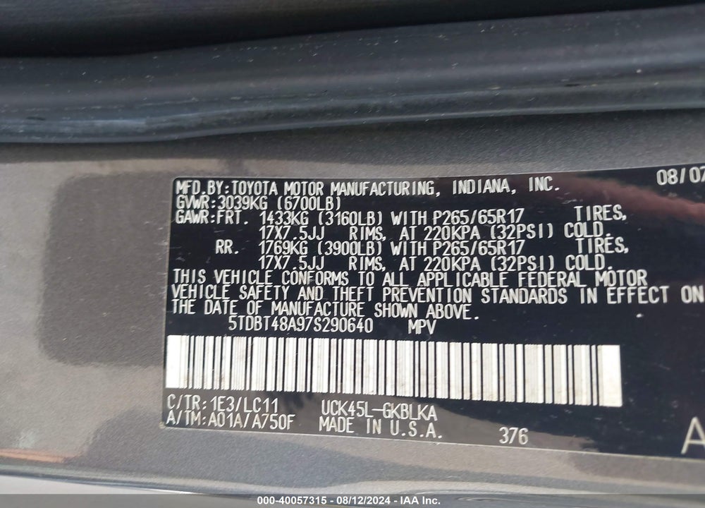 2007 TOYOTA SEQUOIA LIMITED V8 VIN: 5TDBT48A97S290640