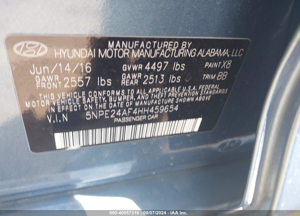 2017 HYUNDAI SONATA VIN: 5NPE24AF4HH459654