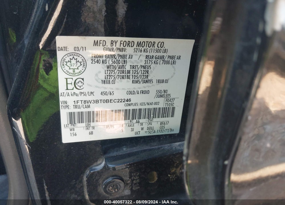 2011 FORD F-350 LARIAT VIN: 1FT8W3BT0BEC22246
