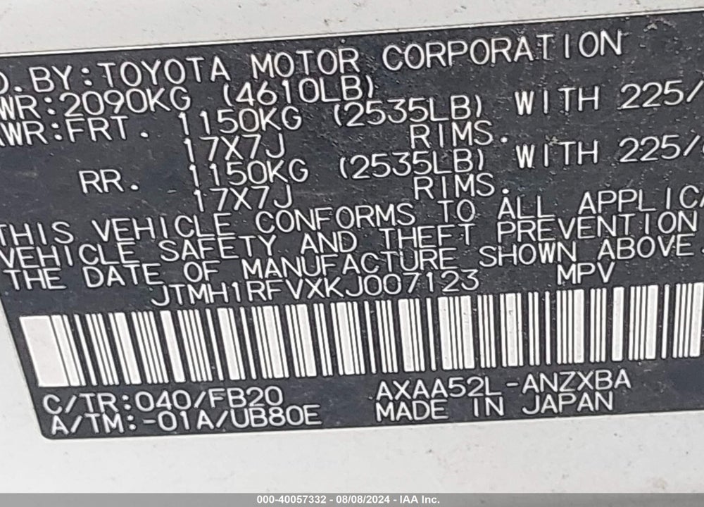 2019 TOYOTA RAV4 LE VIN: JTMH1RFVXKJ007123