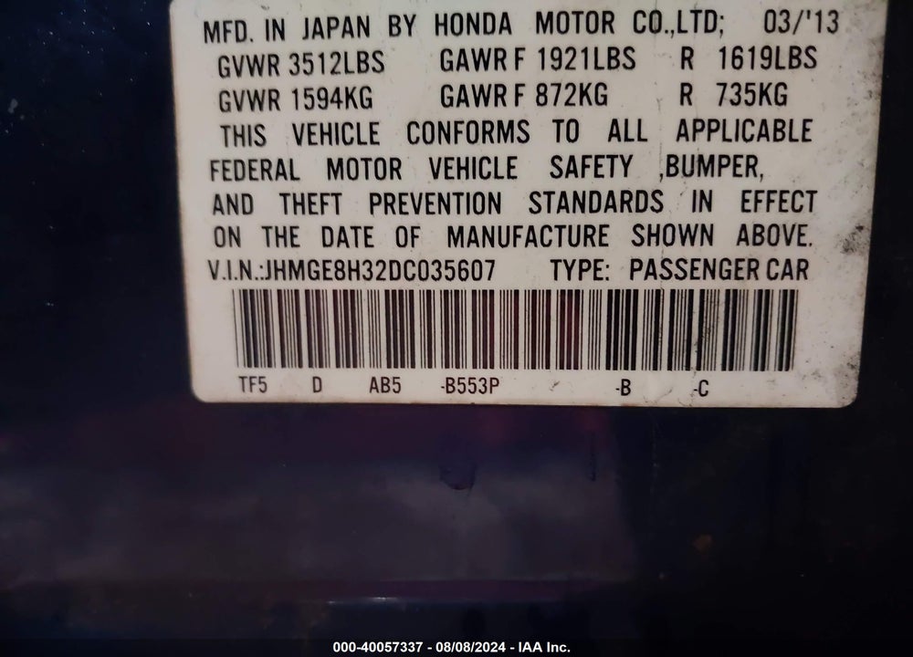 2013 HONDA FIT VIN: JHMGE8H32DC035607