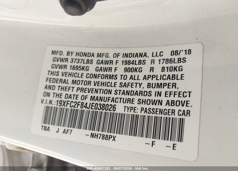 2018 HONDA CIVIC EX VIN: 19XFC2F84JE038026