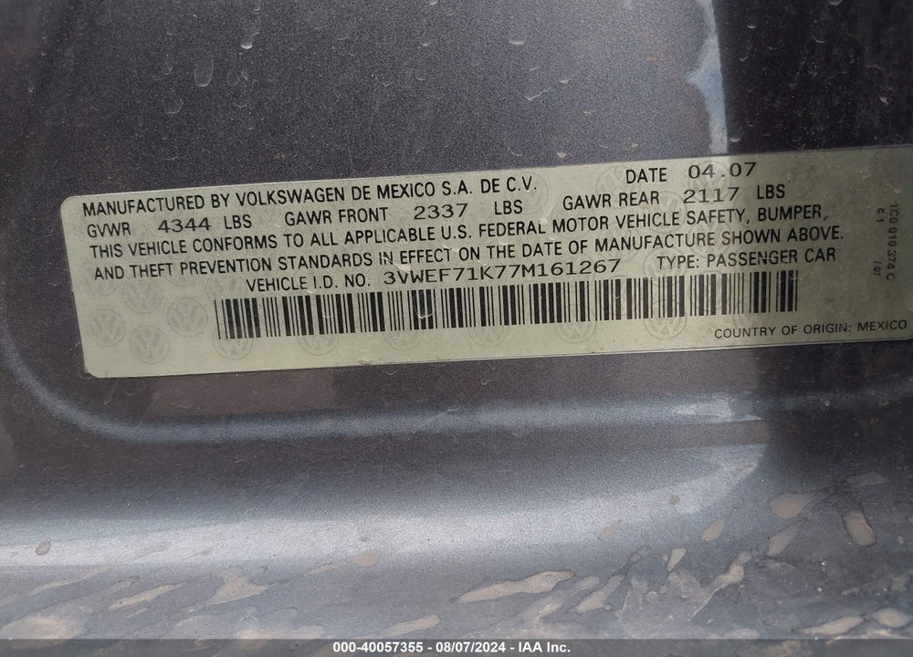 2007 VOLKSWAGEN JETTA WOLFSBURG EDITION VIN: 3VWEF71K77M161267