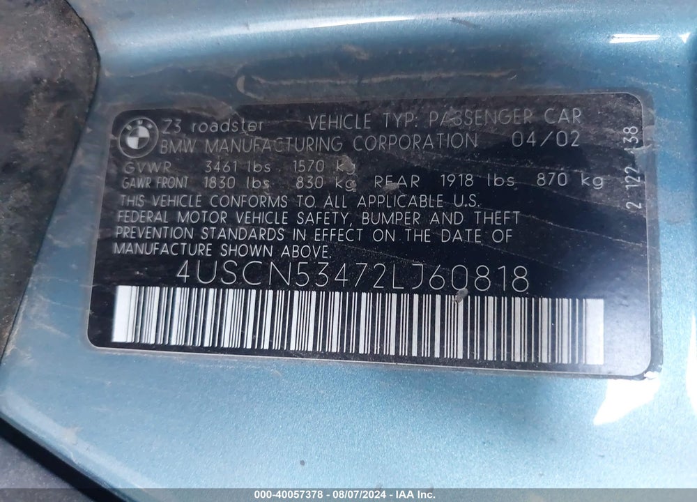 2002 BMW Z3 3.0I VIN: 4USCN53472LJ60818
