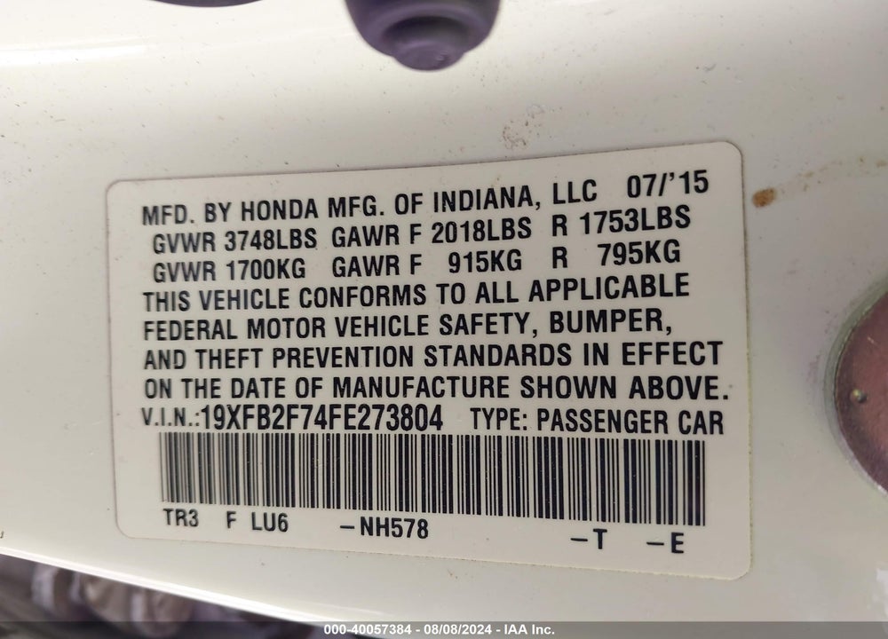 2015 HONDA CIVIC SE VIN: 19XFB2F74FE273804