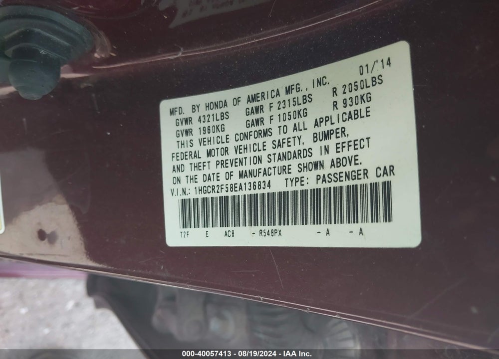 2014 HONDA ACCORD SPORT VIN: 1HGCR2F58EA136834