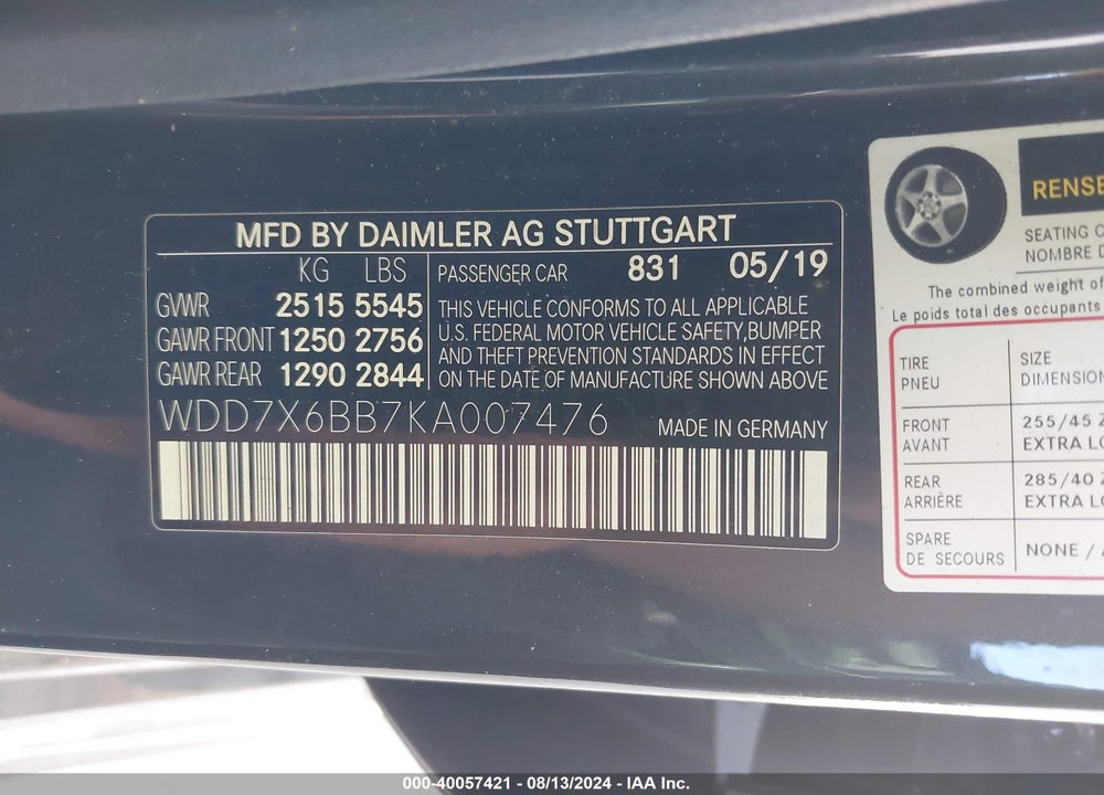 2019 MERCEDES-BENZ AMG GT 53 4-DOOR COUPE VIN: WDD7X6BB7KA007476