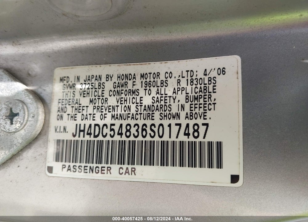 2006 ACURA RSX VIN: JH4DC54836S017487