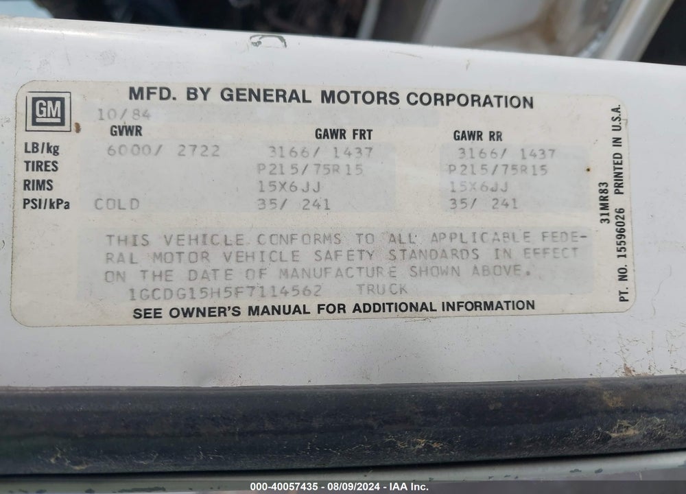 1985 CHEVROLET G10 VIN: 1GCDG15H5F7114562
