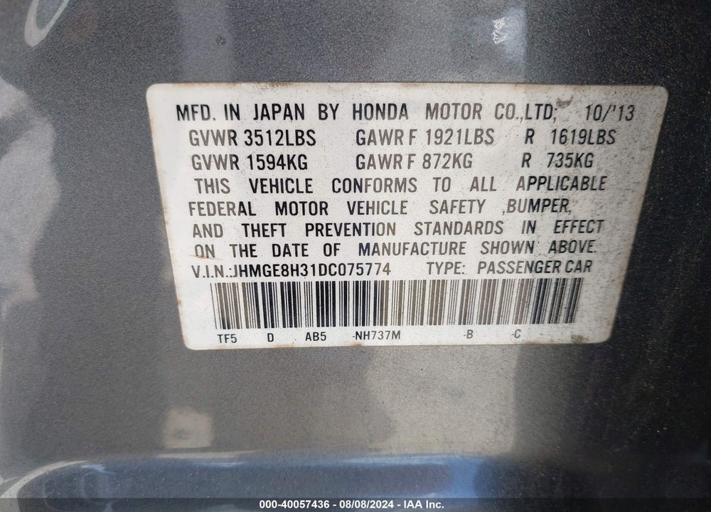 2013 HONDA FIT VIN: JHMGE8H31DC075774