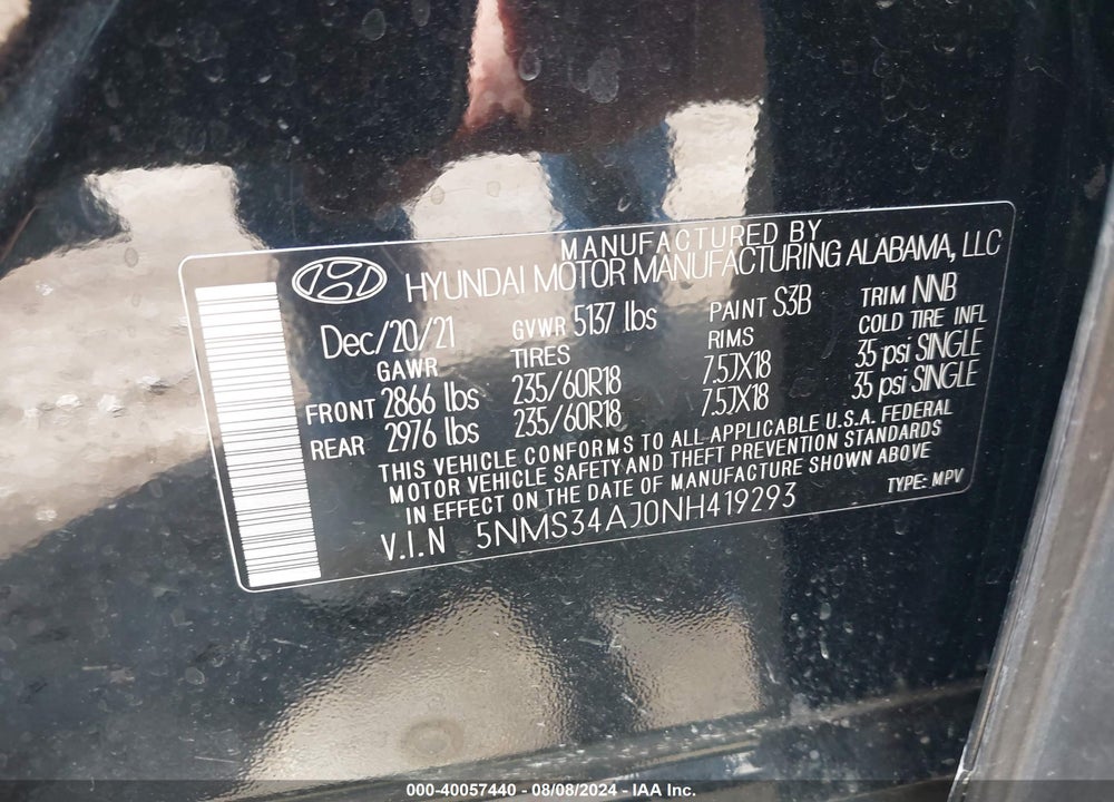 2022 HYUNDAI SANTA FE SEL VIN: 5NMS34AJ0NH419293