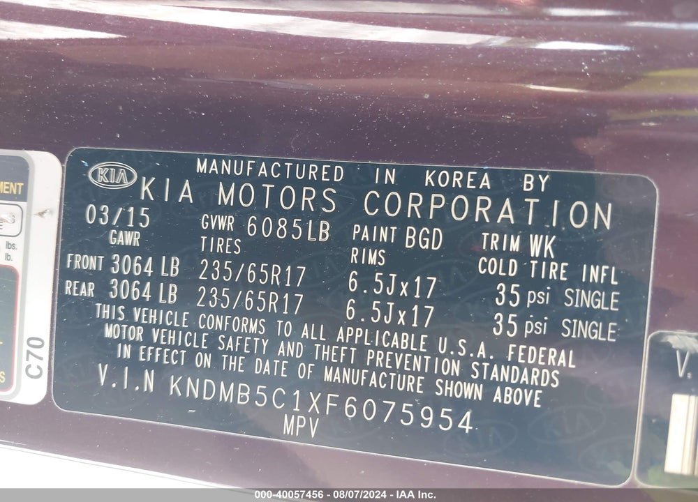 2015 KIA SEDONA LX VIN: KNDMB5C1XF6075954