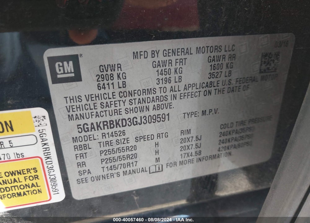 2016 BUICK ENCLAVE LEATHER VIN: 5GAKRBKD3GJ309591