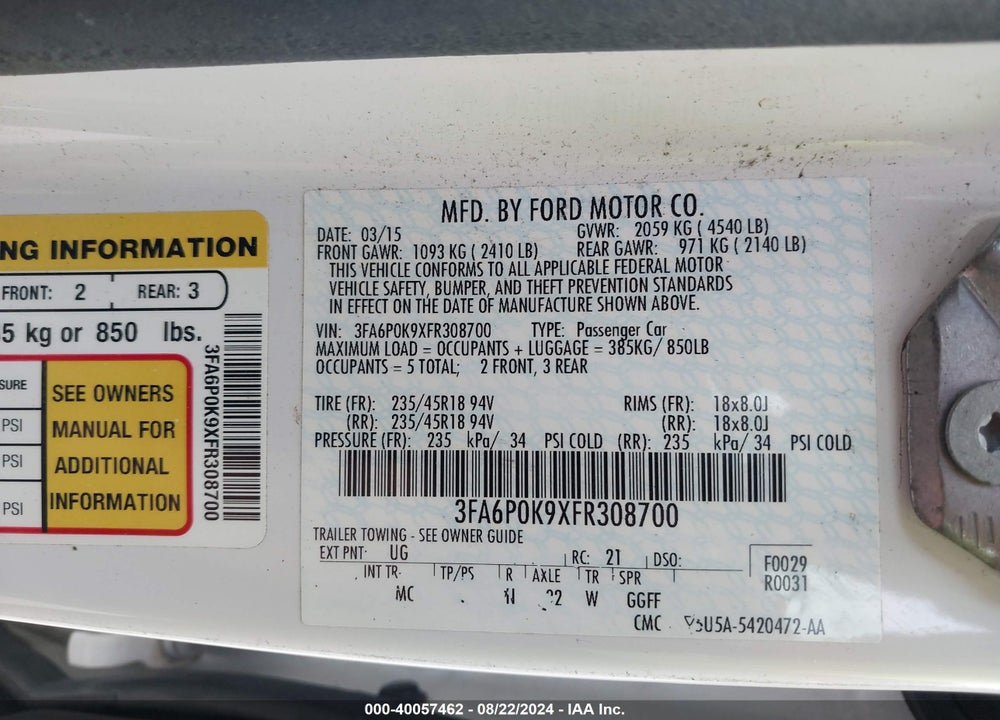 2015 FORD FUSION TITANIUM VIN: 3FA6P0K9XFR308700