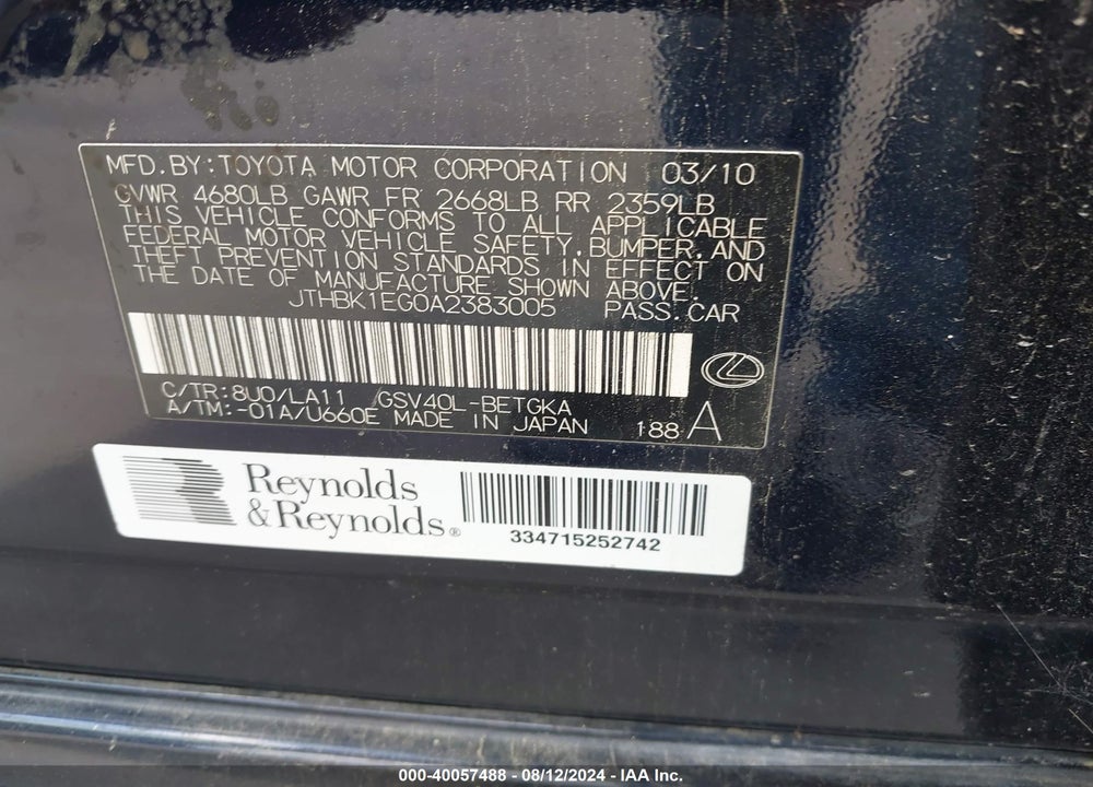 2010 LEXUS ES 350 VIN: JTHBK1EG0A2383005