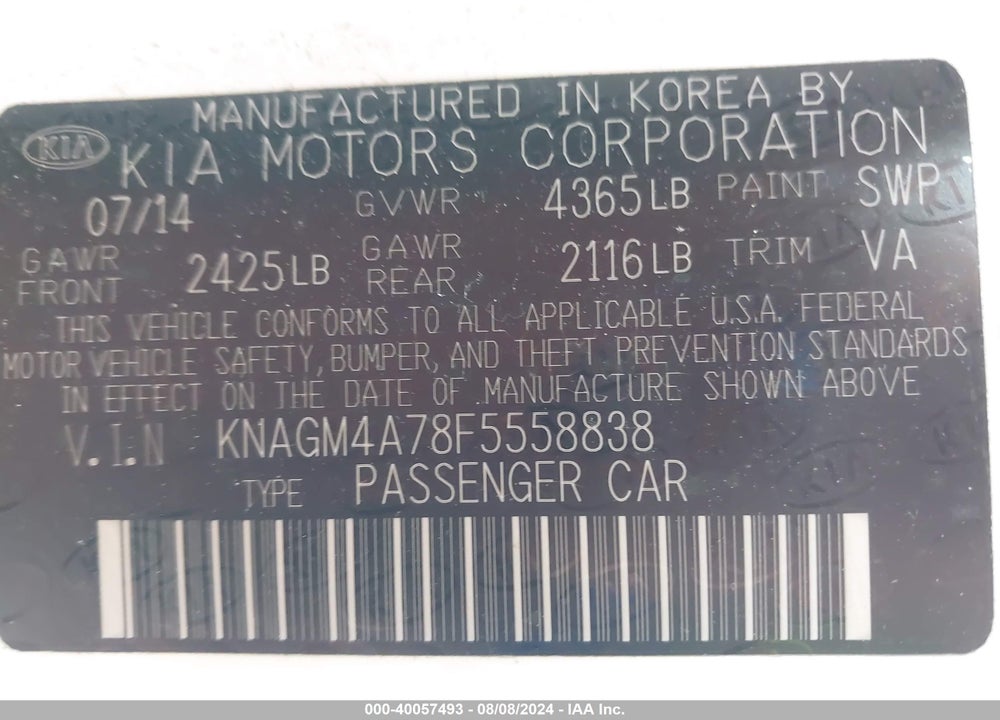2015 KIA OPTIMA LX VIN: KNAGM4A78F5558838