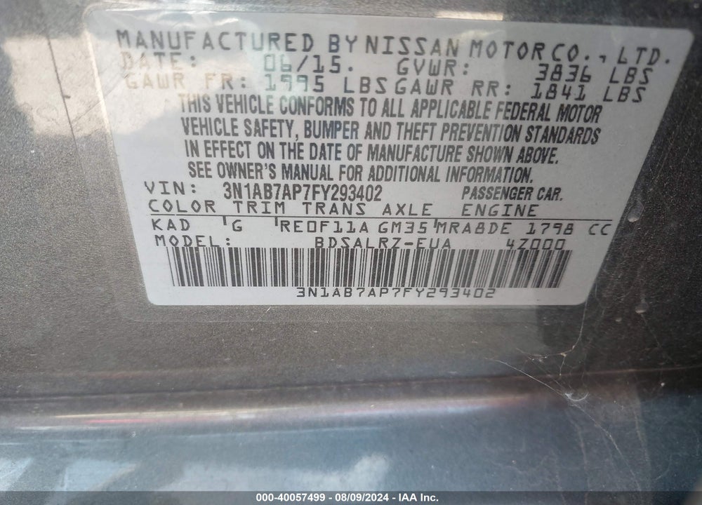 2015 NISSAN SENTRA SR VIN: 3N1AB7AP7FY293402