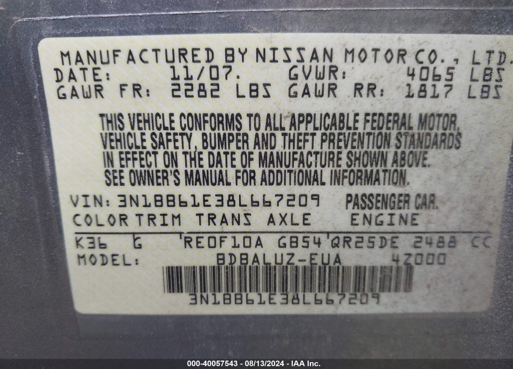 2008 NISSAN SENTRA SE-R VIN: 3N1BB61E38L667209
