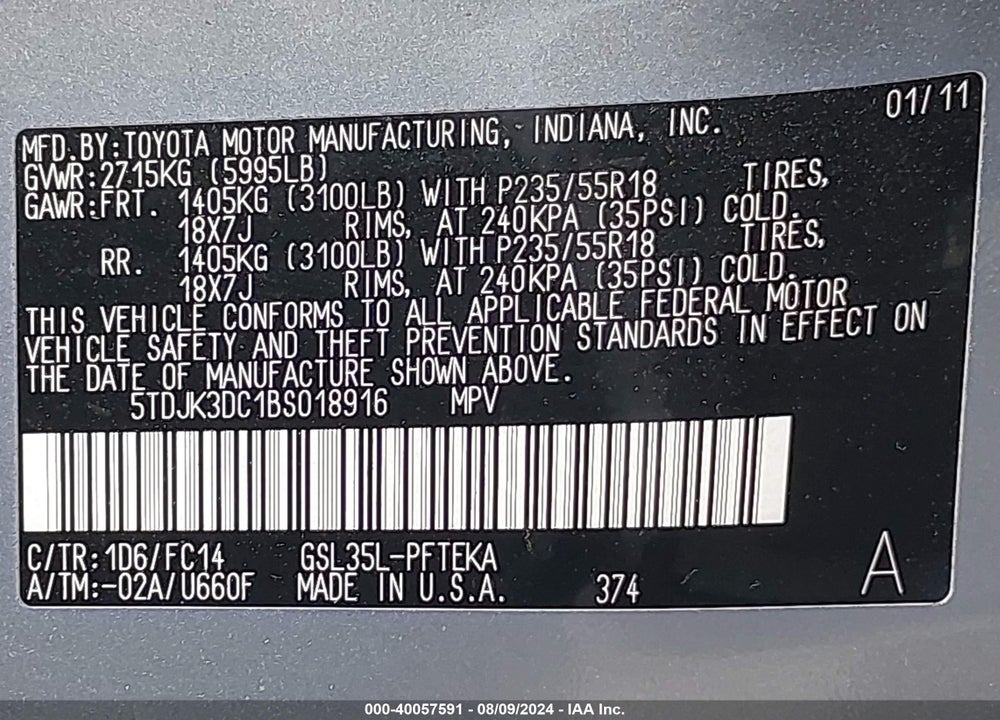 2011 TOYOTA SIENNA LE VIN: 5TDJK3DC1BS018916