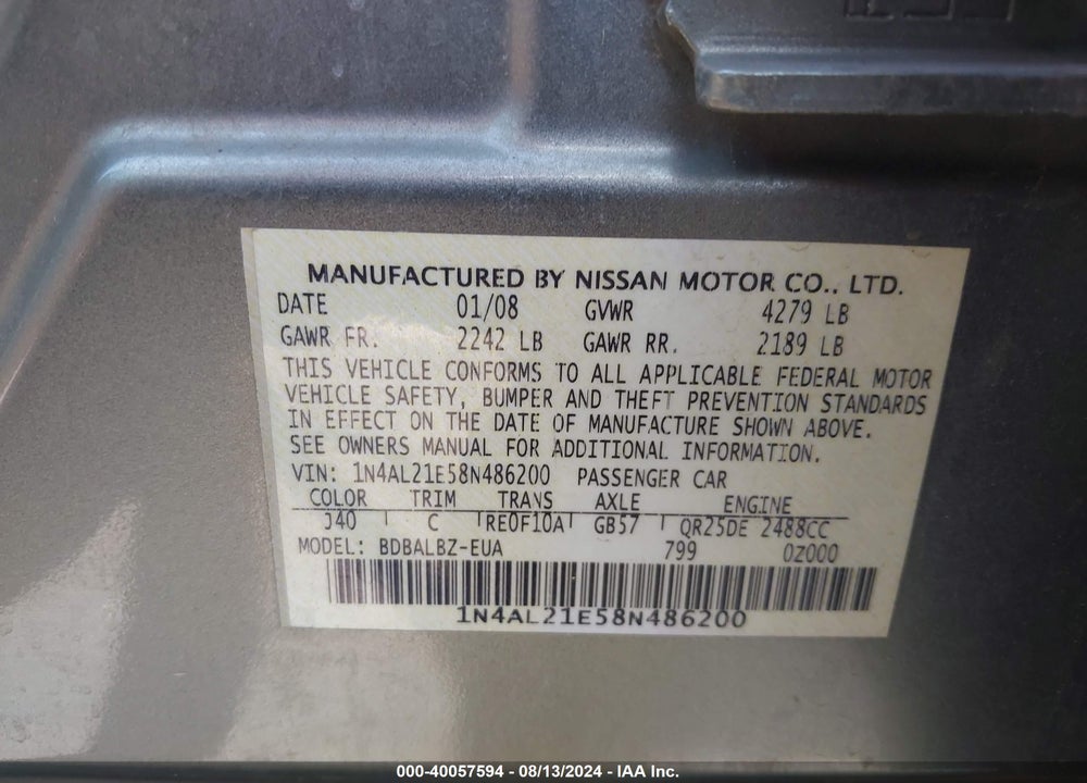 2008 NISSAN ALTIMA 2.5 S VIN: 1N4AL21E58N486200
