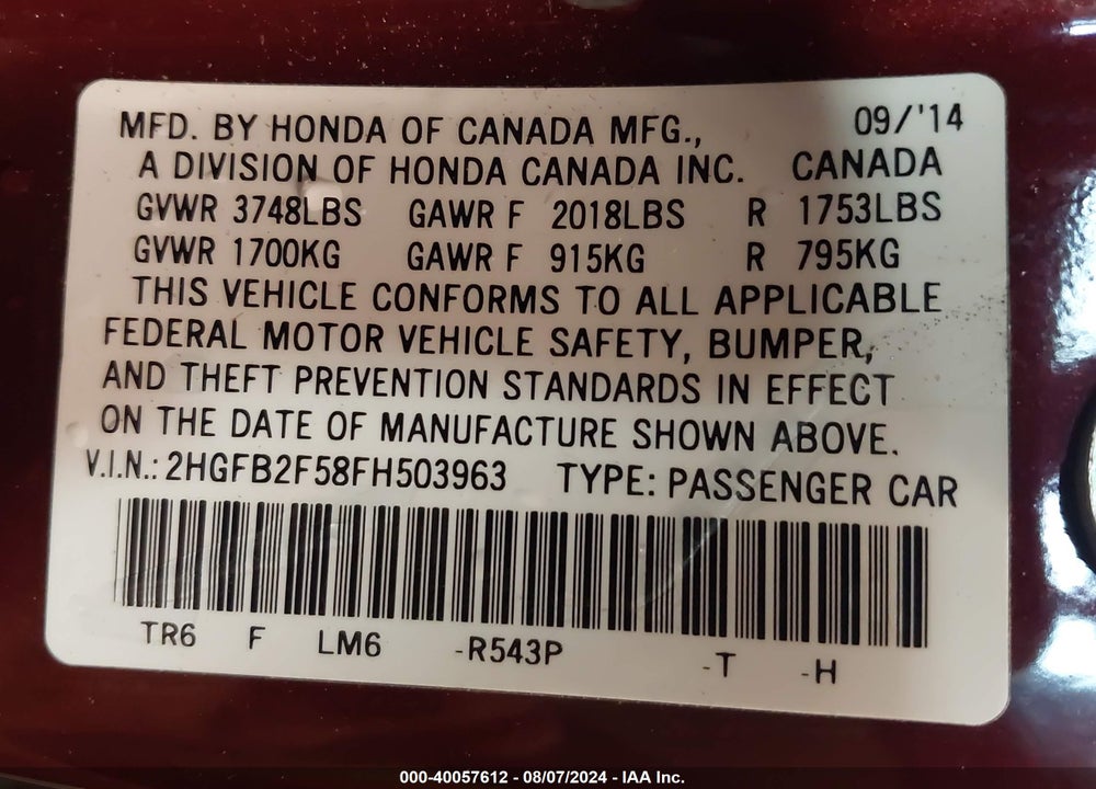2015 HONDA CIVIC LX VIN: 2HGFB2F58FH503963