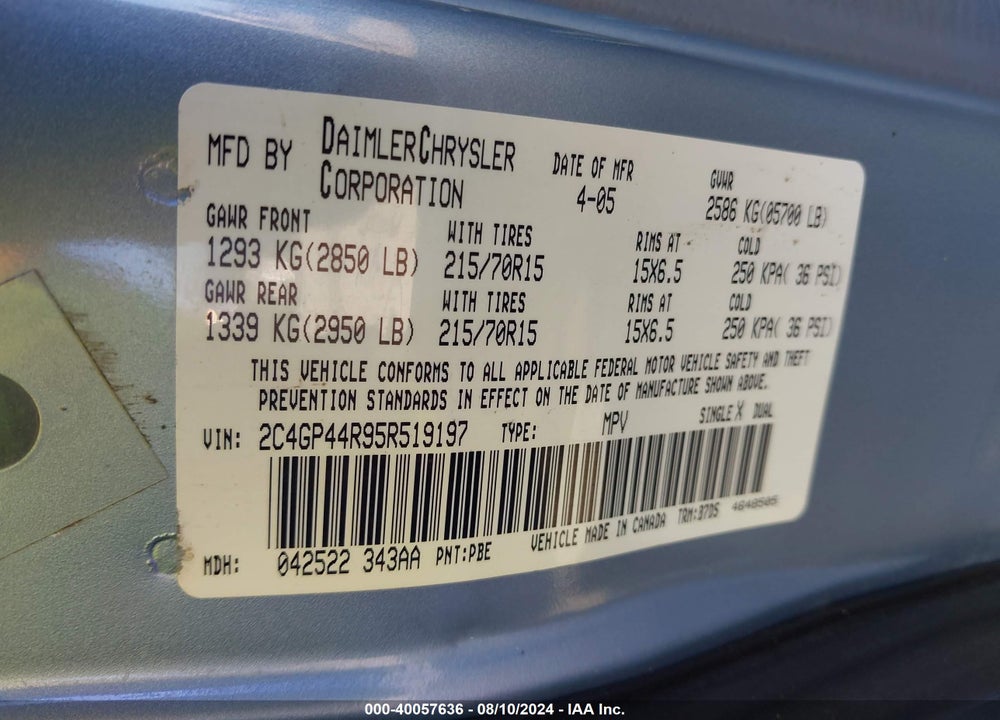 2005 CHRYSLER TOWN & COUNTRY LX VIN: 2C4GP44R95R519197
