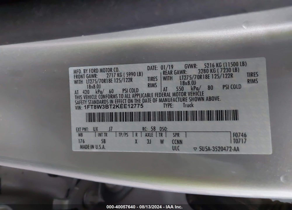 2019 FORD F-350 LARIAT VIN: 1FT8W3BT2KEE12775