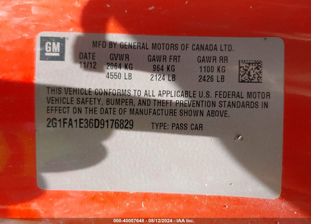 2013 CHEVROLET CAMARO 2LS VIN: 2G1FA1E36D9176829