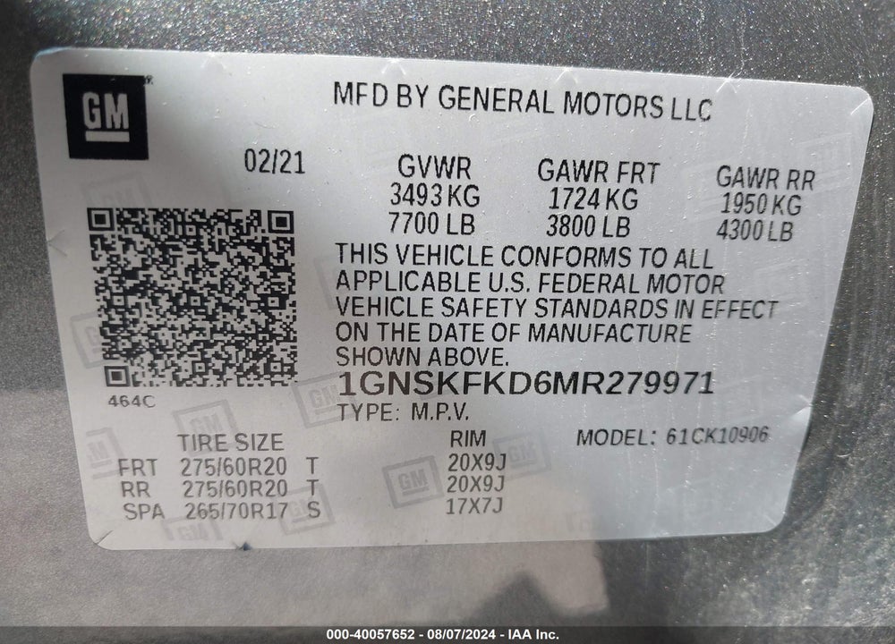 2021 CHEVROLET SUBURBAN 4WD PREMIER VIN: 1GNSKFKD6MR279971
