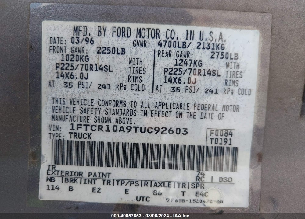1996 FORD RANGER VIN: 1FTCR10A9TUC92603