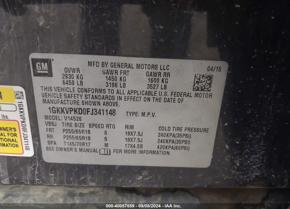 2015 GMC ACADIA SLE-2 VIN: 1GKKVPKD0FJ341148