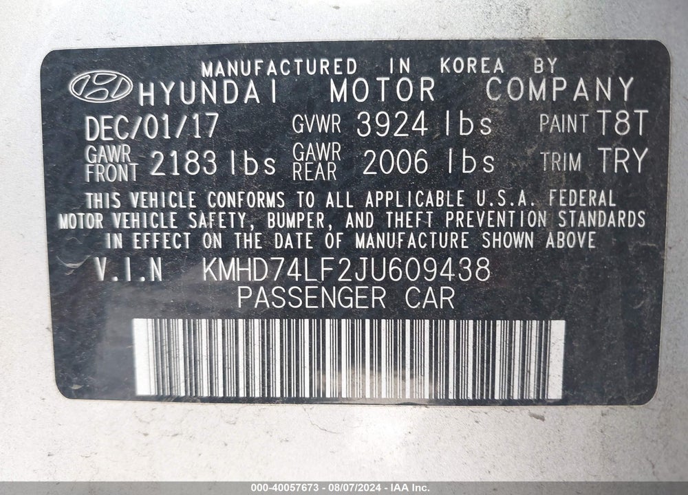 2018 HYUNDAI ELANTRA SE VIN: KMHD74LF2JU609438
