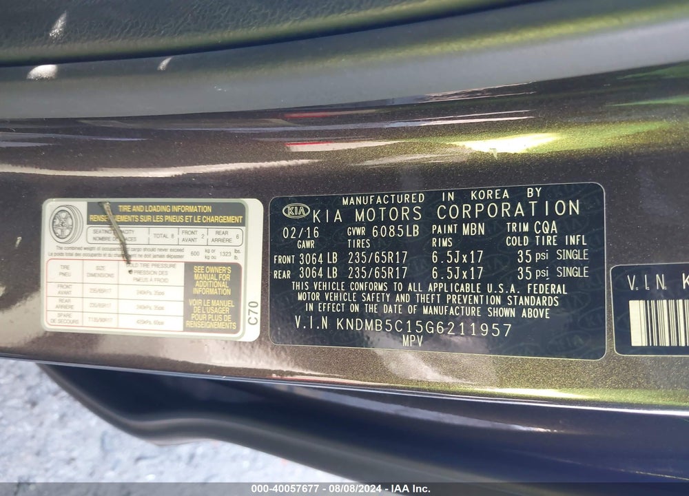 2016 KIA SEDONA VIN: KNDMB5C15G6211957