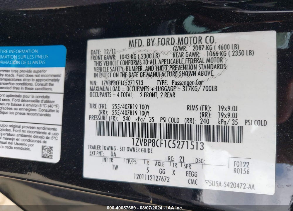 2012 FORD MUSTANG GT VIN: 1ZVBP8CF1C5271513