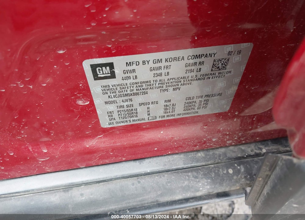 2019 BUICK ENCORE AWD ESSENCE VIN: KL4CJGSM5KB867284