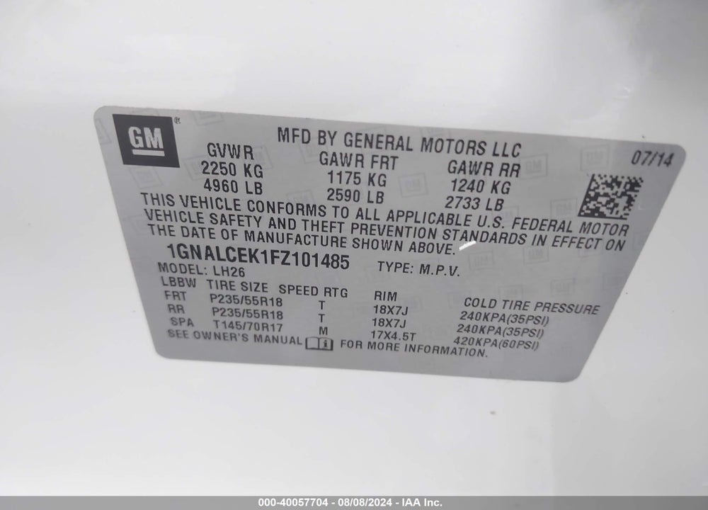 2015 CHEVROLET EQUINOX 2LT VIN: 1GNALCEK1FZ101485