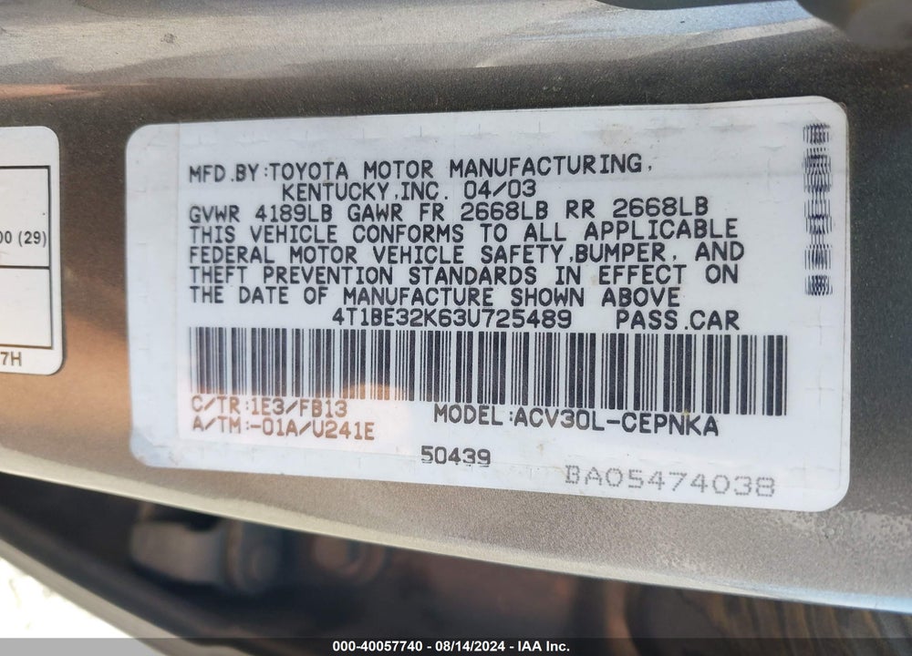 2003 TOYOTA CAMRY LE VIN: 4T1BE32K63U725489