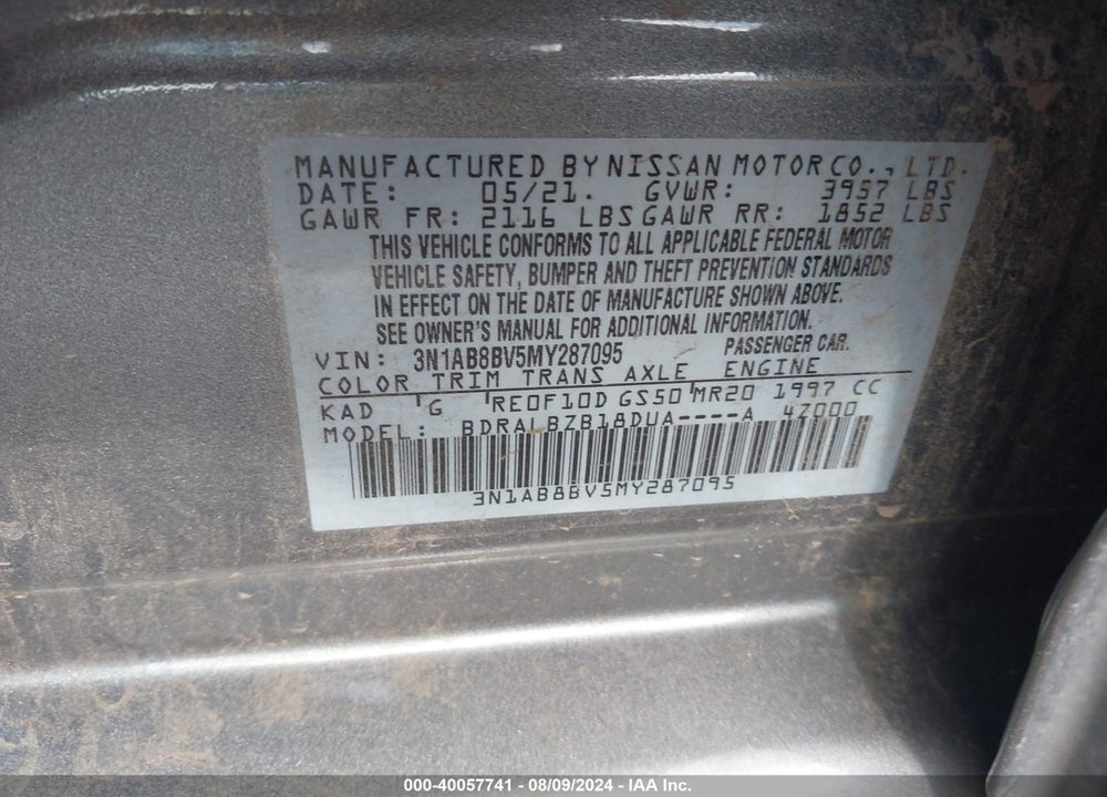 2021 NISSAN SENTRA S XTRONIC CVT VIN: 3N1AB8BV5MY287095