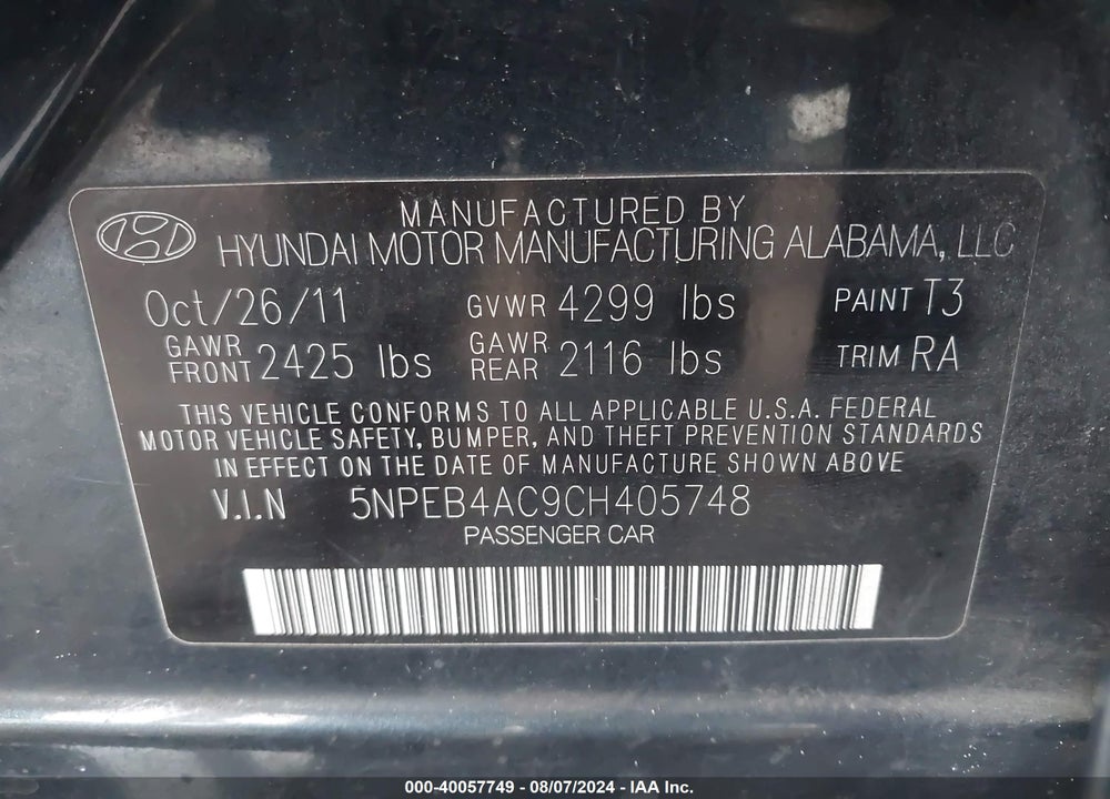 2012 HYUNDAI SONATA GLS VIN: 5NPEB4AC9CH405748