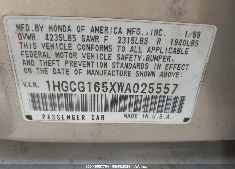 1998 HONDA ACCORD EX V6 VIN: 1HGCG165XWA025557