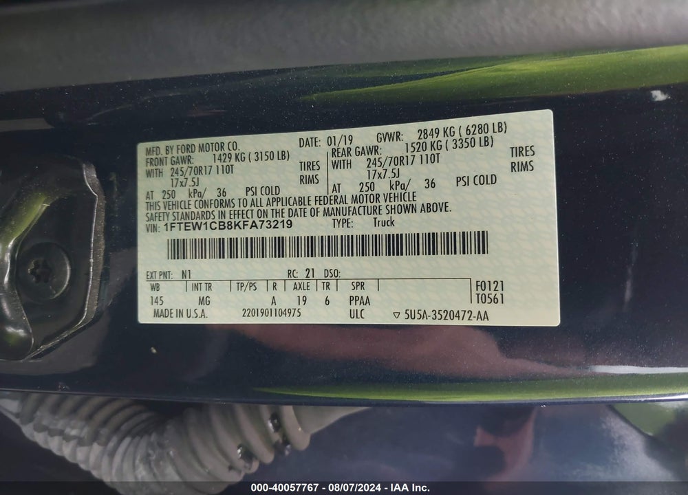 2019 FORD F-150 XLT VIN: 1FTEW1CB8KFA73219