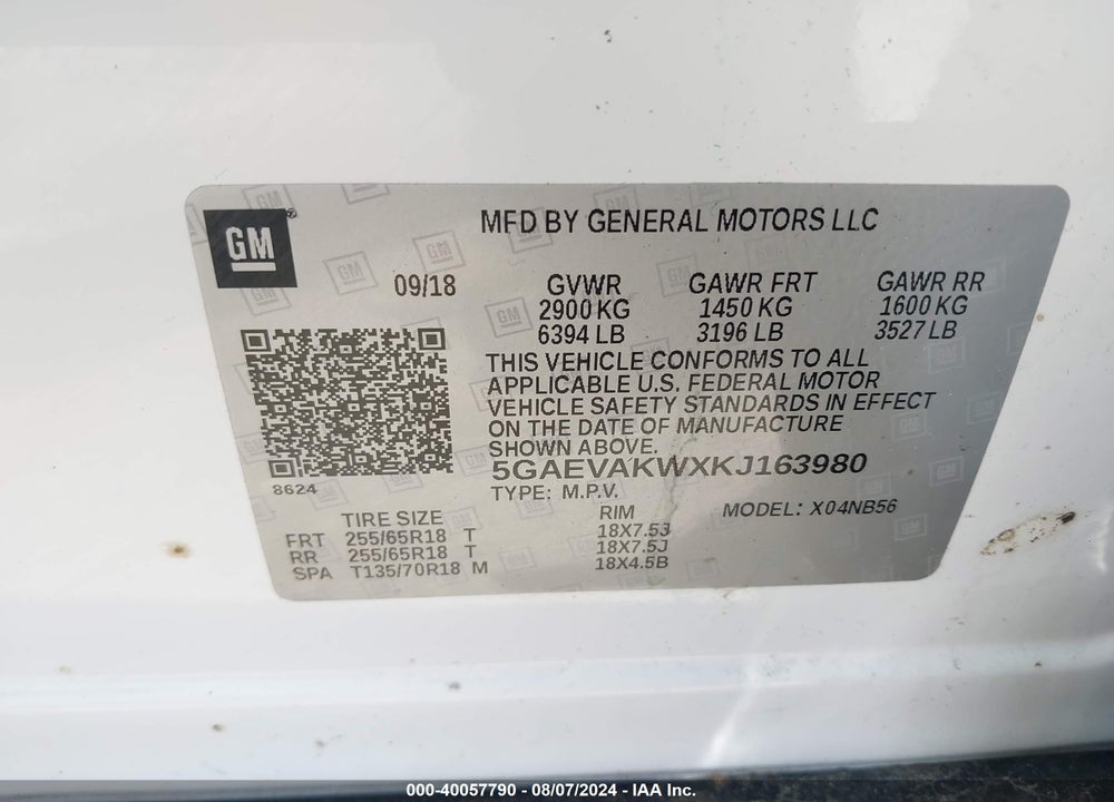 2019 BUICK ENCLAVE AWD ESSENCE VIN: 5GAEVAKWXKJ163980