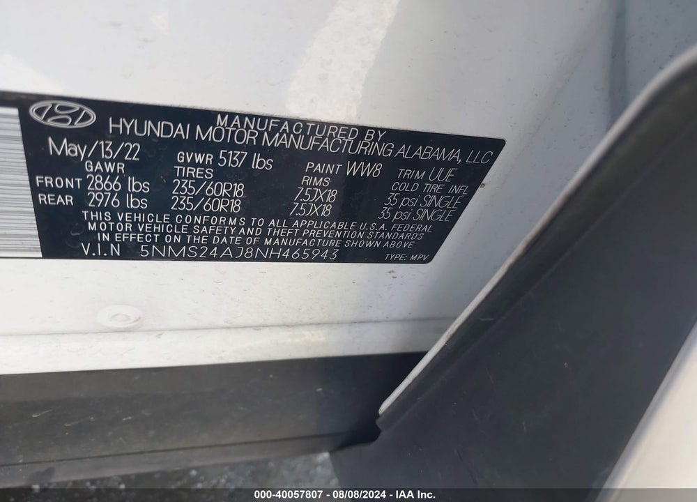 2022 HYUNDAI SANTA FE SEL VIN: 5NMS24AJ8NH465943